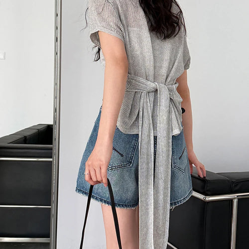 Load image into Gallery viewer, Women Blue Knitting Bandage Thin Casual T-shirt New Round Neck Short Sleeve Fashion Tide Spring Summer 2025 1DJ1305
