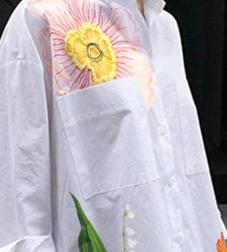 Womens Flower Printed Shirts Blouse Elengant 2025 Fall Summer Spring Original Clothing Classic White Tops for Woman