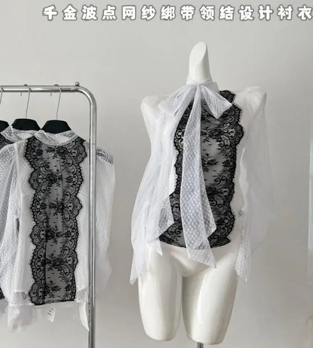 Autumn Women French Black White Dot Patchwork Lace Bow Lace-up Top Vintage Temperament Long Sleeve Zipper Clothing Popular Trend