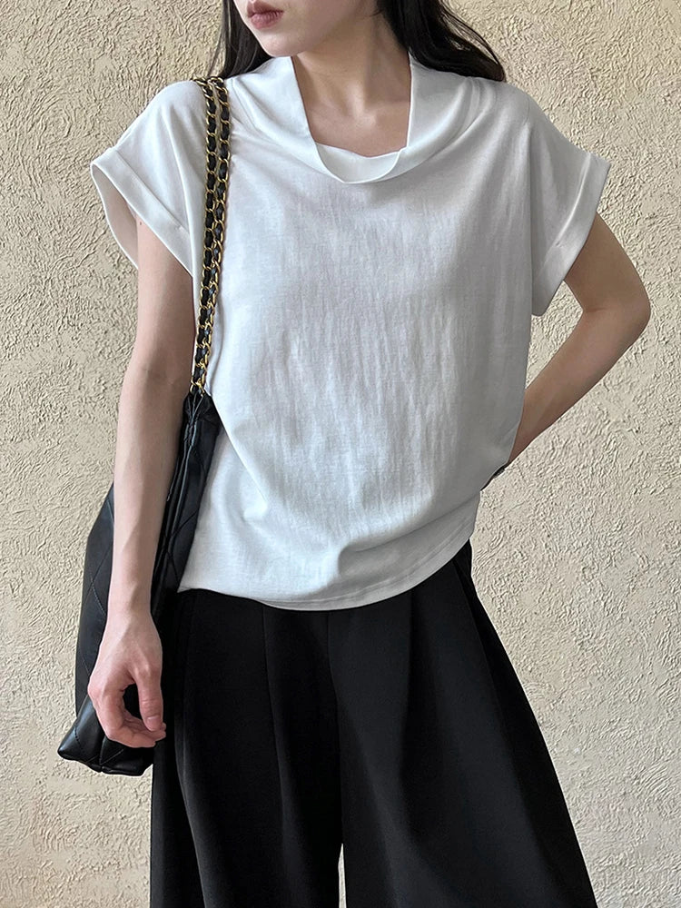 Women Yellow White Plain Color Thin Elegant T-shirt New Turtleneck Short Sleeve Fashion Tide Spring Summer 2025 1DJ0472