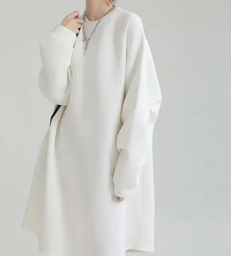 Women White Big Size Shaped Long Dress New Round Neck Long Sleeve Loose Fit Fashion Tide Spring Autumn 2025 1DE4098