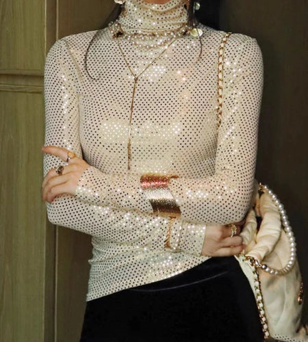 Solid Spliced Sequines Slimming T Shirts For Women High Waist Long Sleeve Temperament Top Female Fashion Style New