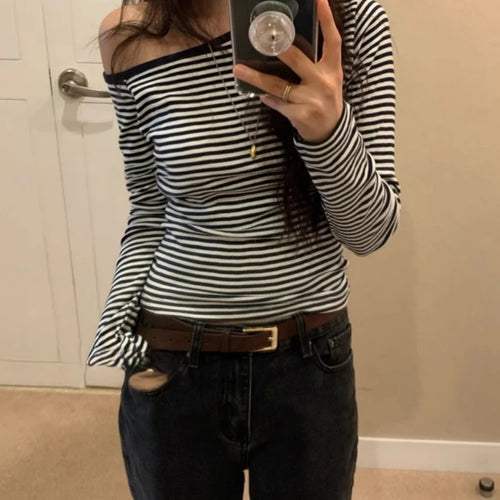 Load image into Gallery viewer, Spring Streetwear Slash Neck Off Shoulder Sexy T-shirts Harajuku Patchwork Vintage Bodycon Tops Women Y2k Aesthetic Grunge Tees
