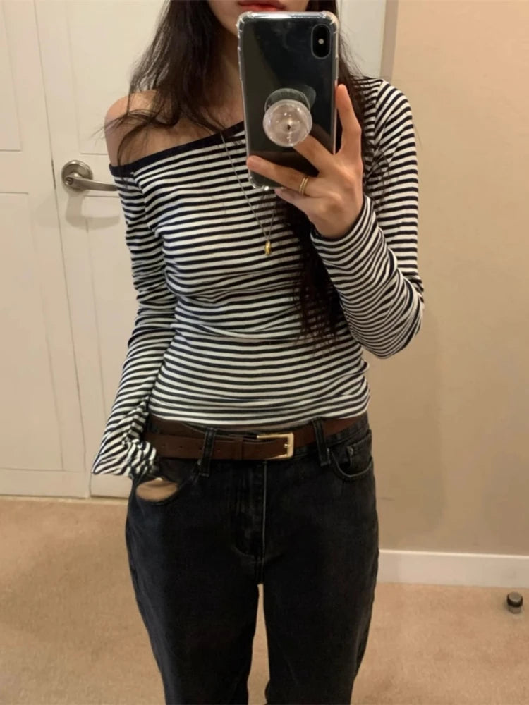 Spring Streetwear Slash Neck Off Shoulder Sexy T-shirts Harajuku Patchwork Vintage Bodycon Tops Women Y2k Aesthetic Grunge Tees