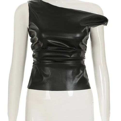 Load image into Gallery viewer, Ruched PU Leather Sexy Tank Tops For Women Fashion Oblique Shoulder Sleeveless Backless Skinny Crop Tops Elegant
