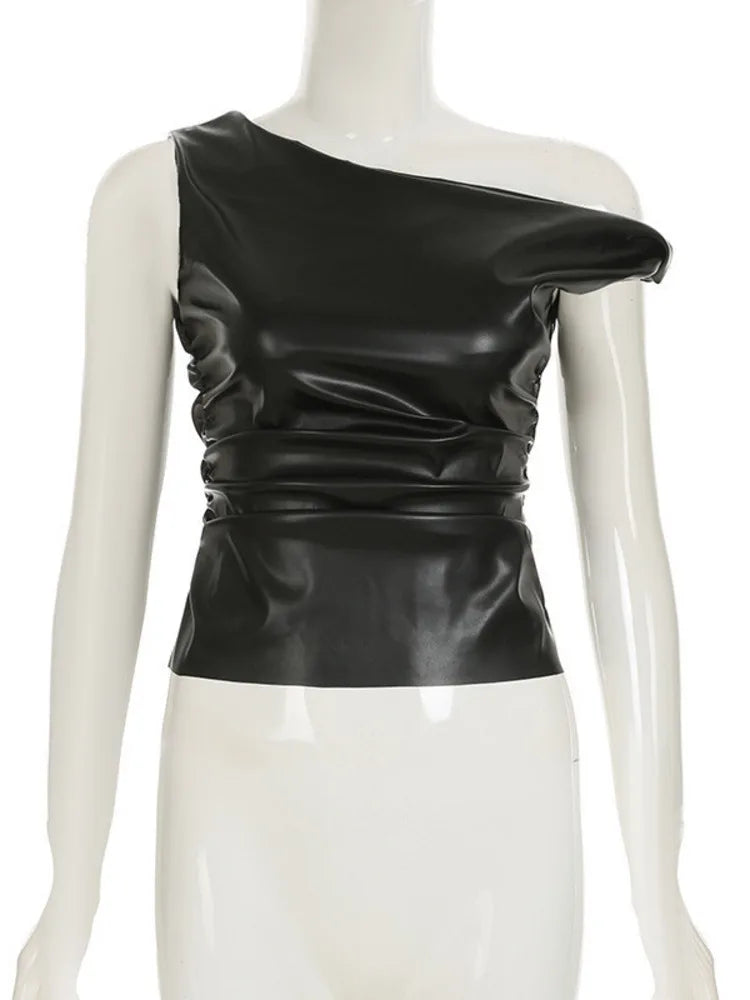Ruched PU Leather Sexy Tank Tops For Women Fashion Oblique Shoulder Sleeveless Backless Skinny Crop Tops Elegant