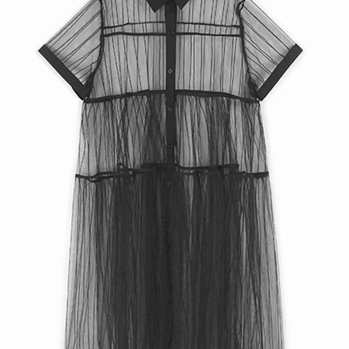 Load image into Gallery viewer, Women Black Mesh Perspective Midi Elegant Shirt Dress New Lapel Short Sleeve Fashion Tide Spring Summer 2025 1DJ0866
