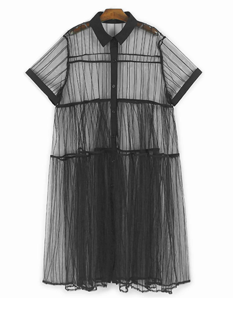 Women Black Mesh Perspective Midi Elegant Shirt Dress New Lapel Short Sleeve Fashion Tide Spring Summer 2025 1DJ0866