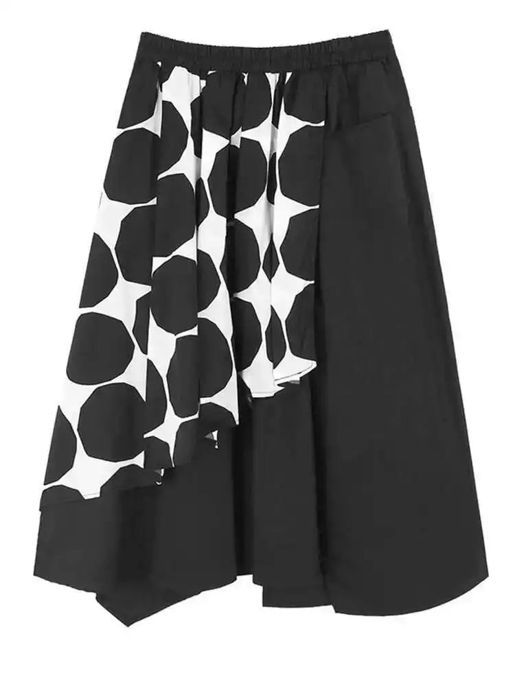 High Elastic Waist Black Dot Printed Irregular A-line Half-body Skirt Women Fashion Tide New Spring Autumn 2025 1DH6191