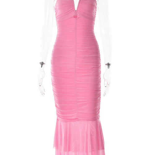 Load image into Gallery viewer, Mozision Hollow Out Backless Ruched Maxi Dress For Women Mesh Elegant Spaghetti Strap Sleeveless Bodycon Party Long Dress
