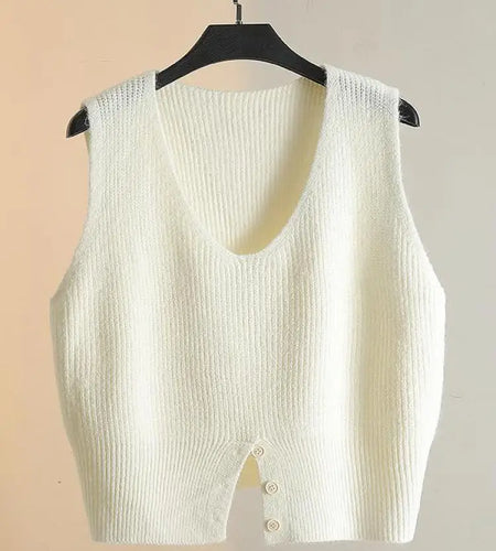 Women Solid V Neck New Holiday Loose Sleeveless Short Sweater Vest Autumn Winter Casual Versatile Split Knit Tank Tops Fashion