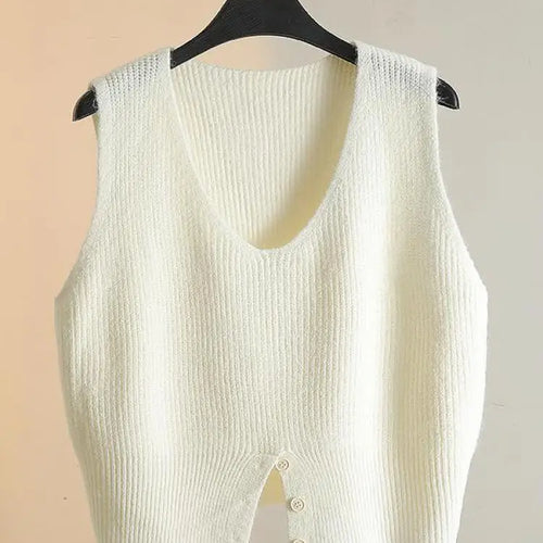 Load image into Gallery viewer, Women Solid V Neck New Holiday Loose Sleeveless Short Sweater Vest Autumn Winter Casual Versatile Split Knit Tank Tops Fashion
