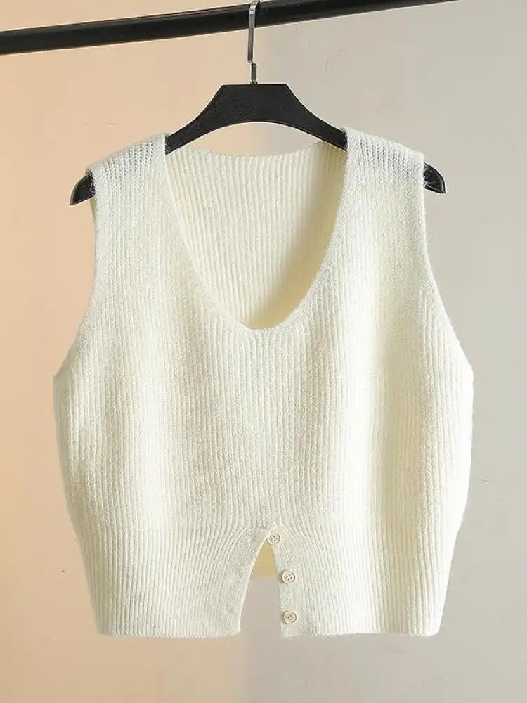 Women Solid V Neck New Holiday Loose Sleeveless Short Sweater Vest Autumn Winter Casual Versatile Split Knit Tank Tops Fashion
