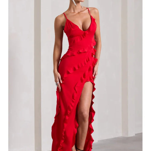 Load image into Gallery viewer, Elegant Spaghetti Strap Backless Charming Dress For Women 2024 Summer Sexy V-neck Ruffle Edge Split Party Evening Dress
