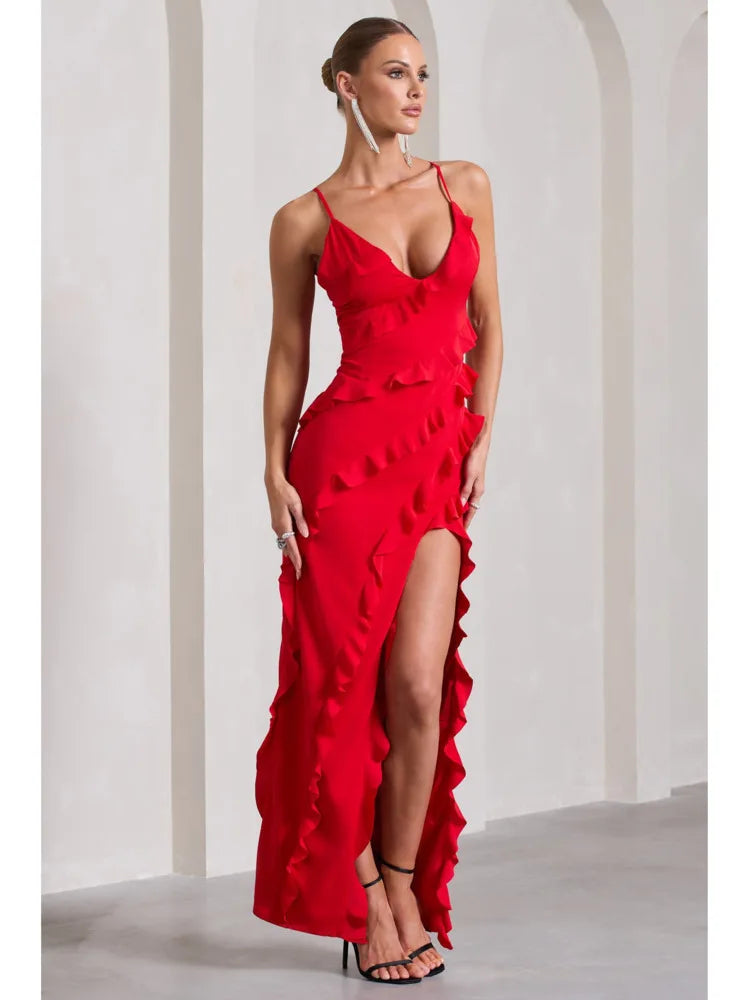 Elegant Spaghetti Strap Backless Charming Dress For Women 2024 Summer Sexy V-neck Ruffle Edge Split Party Evening Dress