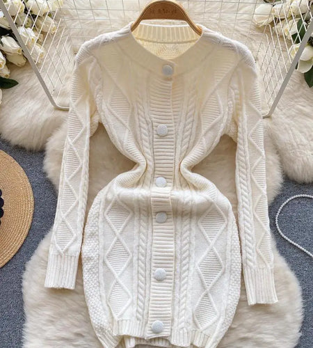 Women Black Round Neck  Single Breasted Knitted Dress Autumn Winter Beige Long Sleeve Casual Elegant Mini Sweater Dress Clothes
