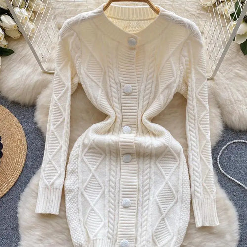 Load image into Gallery viewer, Women Black Round Neck  Single Breasted Knitted Dress Autumn Winter Beige Long Sleeve Casual Elegant Mini Sweater Dress Clothes
