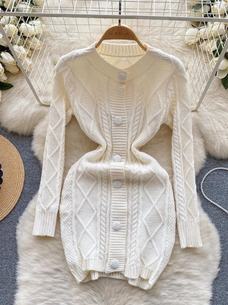 Women Black Round Neck  Single Breasted Knitted Dress Autumn Winter Beige Long Sleeve Casual Elegant Mini Sweater Dress Clothes
