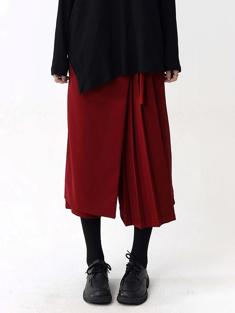 High Elastic Waist Red Pleated Bandage Elegant Wide Leg Pants New Trousers Women Fashion Tide Spring Autumn 2025 1DH9565