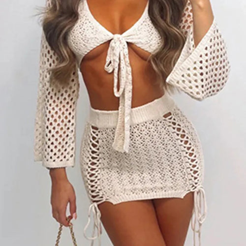 Load image into Gallery viewer, 6 Colors Hollow Out Long Sleeve Crochet Knitted Tunic Beach Cover Up Cover-ups Beach Dress Beach Wear Beachwear Female V6001
