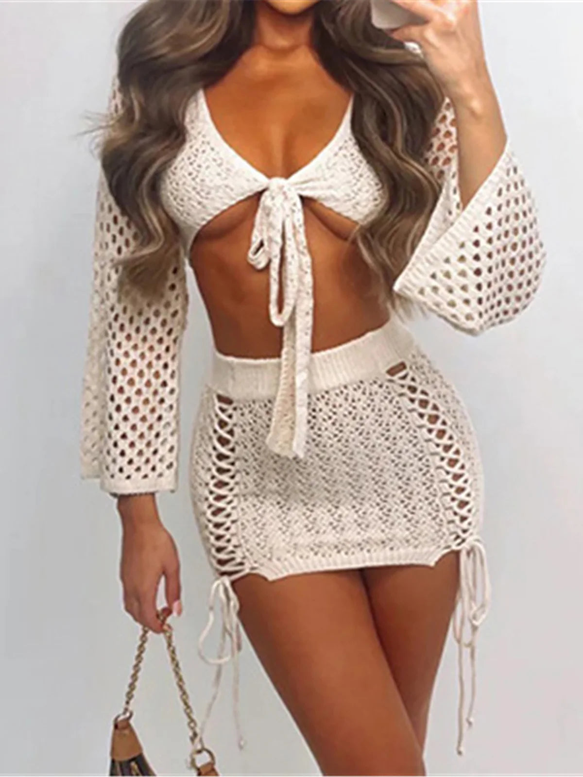 6 Colors Hollow Out Long Sleeve Crochet Knitted Tunic Beach Cover Up Cover-ups Beach Dress Beach Wear Beachwear Female V6001