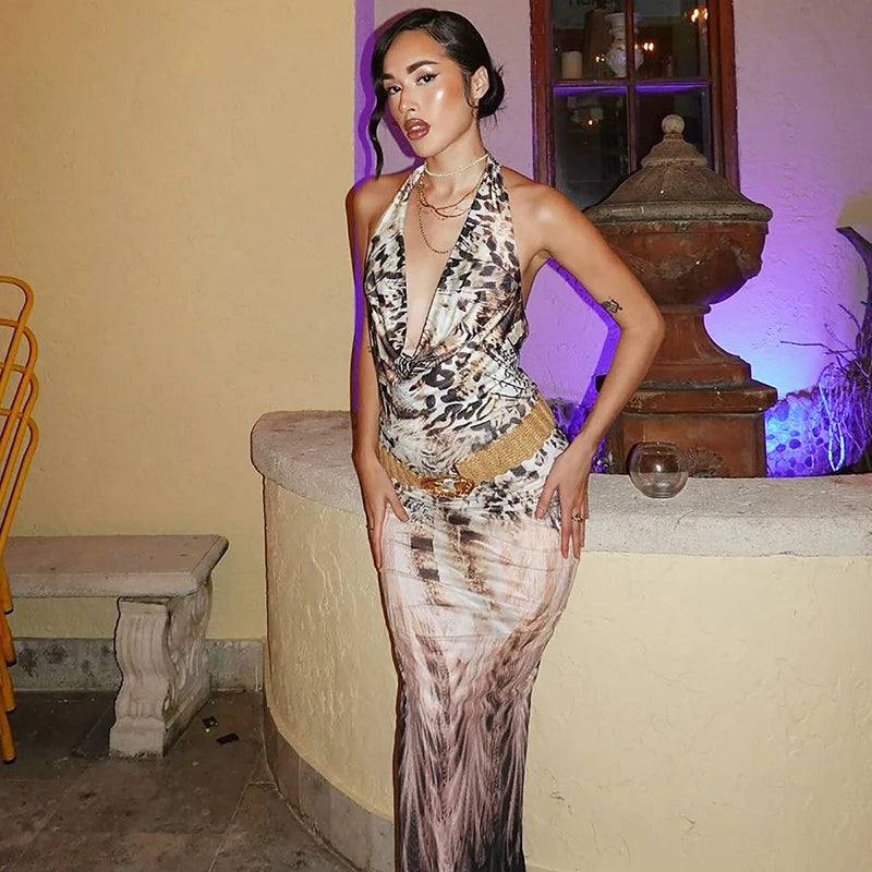 Backless Print V-neck Lace Up Sexy Maxi Dress For Women Slim Fit Sleeveless Hollow Out Dress Vacation Outfit Autumn