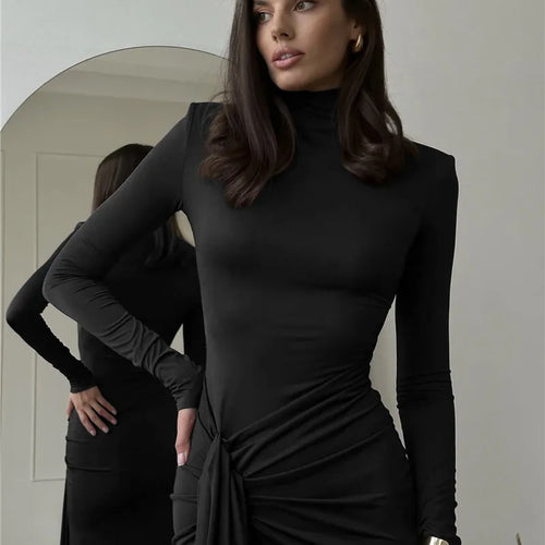 Load image into Gallery viewer, Turtleneck Thigh High Split Sexy Maxi Dress For Women Fashion Long Sleeve Draped Bandage Bodycon Club Long Dress
