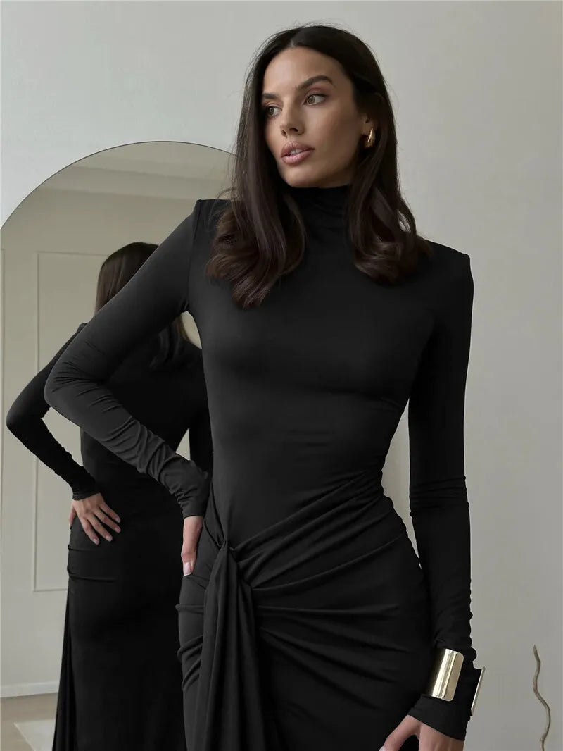 Turtleneck Thigh High Split Sexy Maxi Dress For Women Fashion Long Sleeve Draped Bandage Bodycon Club Long Dress