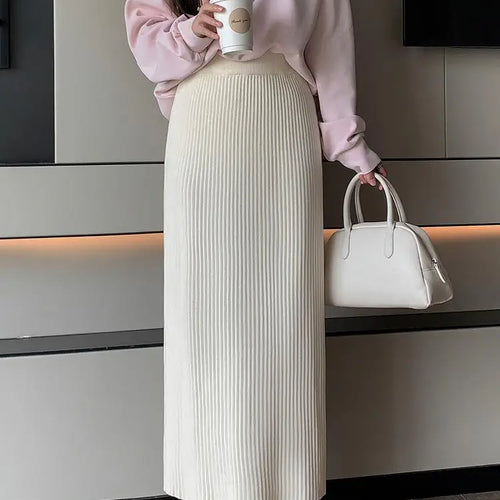 Load image into Gallery viewer, Autumn Winter Women Solid Straight Knitted Skirt Elastic High Waist Office Ladies Striped Wrapped Hip Long Skirts Popular
