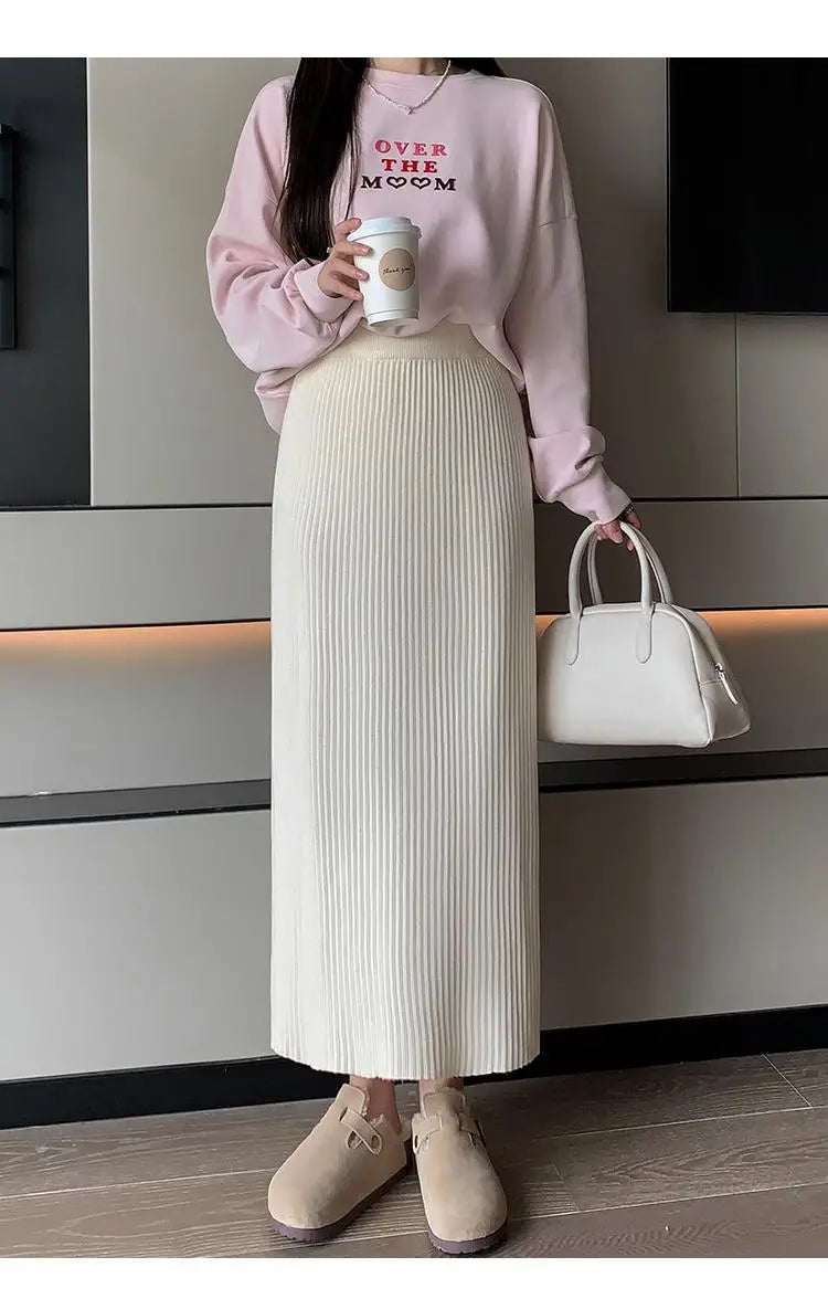 Autumn Winter Women Solid Straight Knitted Skirt Elastic High Waist Office Ladies Striped Wrapped Hip Long Skirts Popular