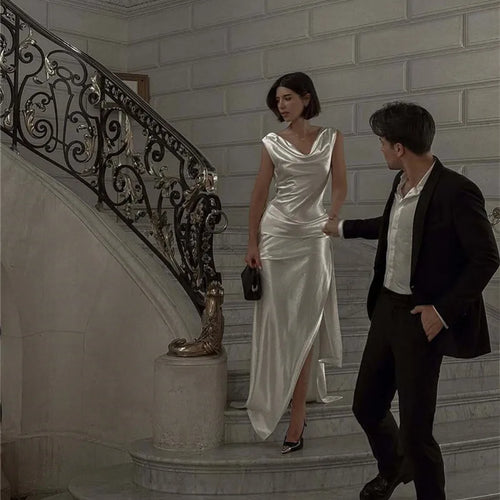 Load image into Gallery viewer, Satin Backless Sexy Maxi Dress For Women Elegant Rose Thigh High Split Beach Holiday Long Dress Gorgeous Club Gown
