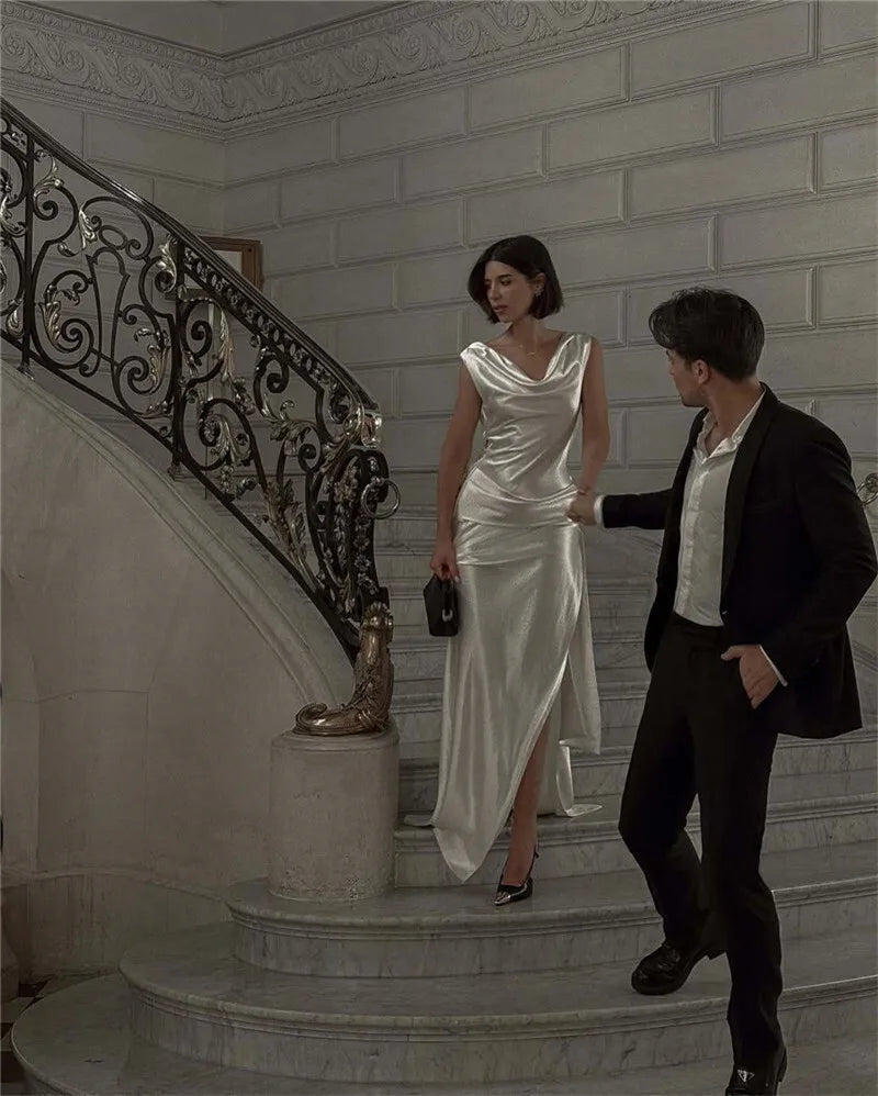 Satin Backless Sexy Maxi Dress For Women Elegant Rose Thigh High Split Beach Holiday Long Dress Gorgeous Club Gown