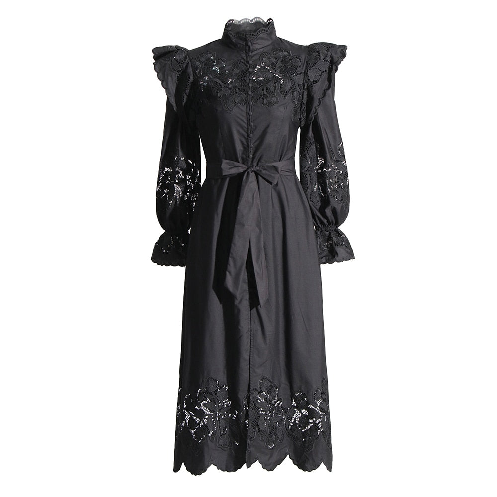 Solid Patchwork Lace Dresses For Women V Neck Long Sleeve High Waist Spliced Belt Dress Female Fashion Summer