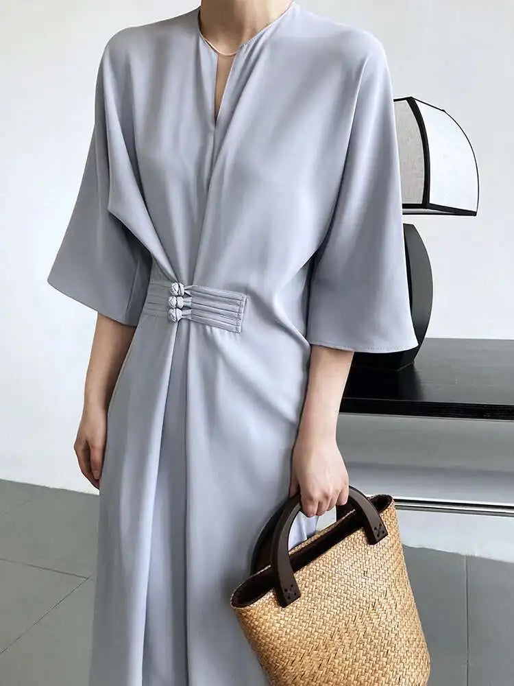 Women Black Buckle Long Elegant Dress New Round Neck Three-quarter Sleeve Loose Fit Fashion Spring Autumn 2025 1DE7880