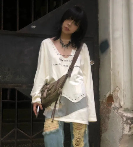 Japanese Y2k Patchwork Tops Grunge Aesthetic Irregular Long Sleeve T-shirt Vintage Harajuku Oversized Tshirt High Street