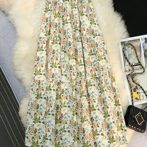 Load image into Gallery viewer, Vintage New Blue Flower Party A-line Skirt Bohemia 2024 Spring Summer Green Printing Elastic High Waist Women's Long Skirts Chic
