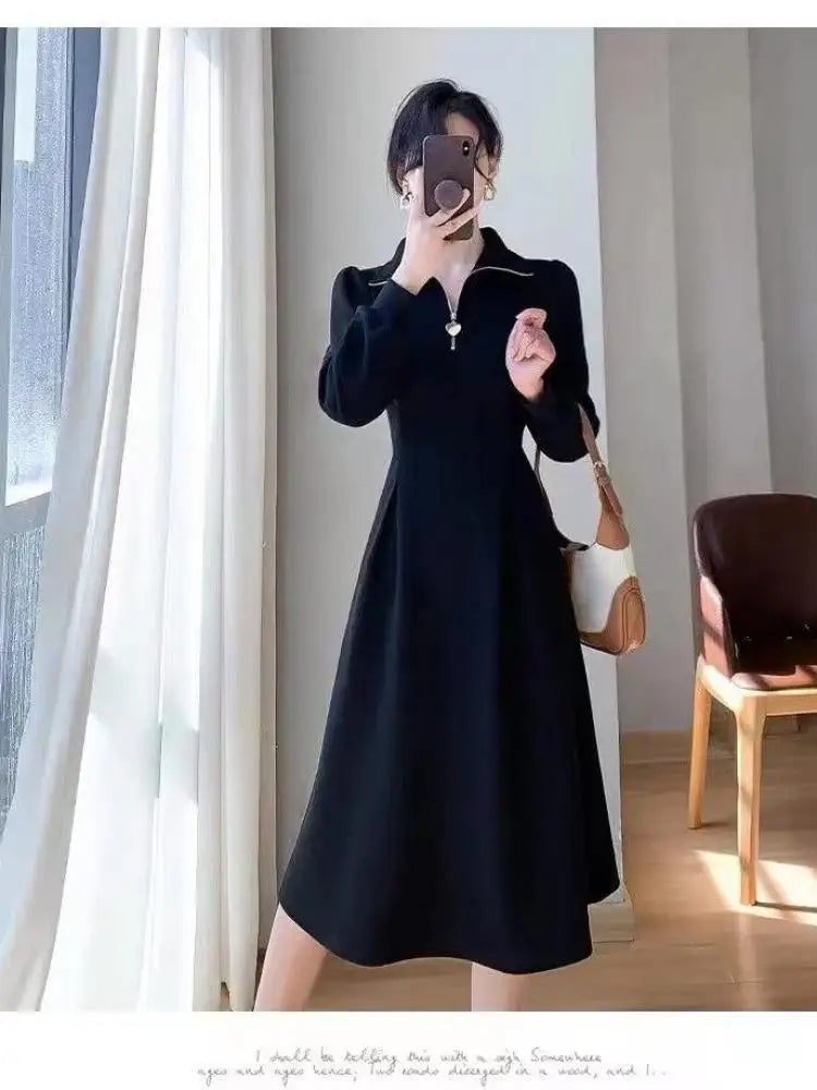 Autumn Winter French Ladies Black Elegant Long Dress White Velvet Thick Warm Long Sleeve Simple Evening Party Zipper Dress