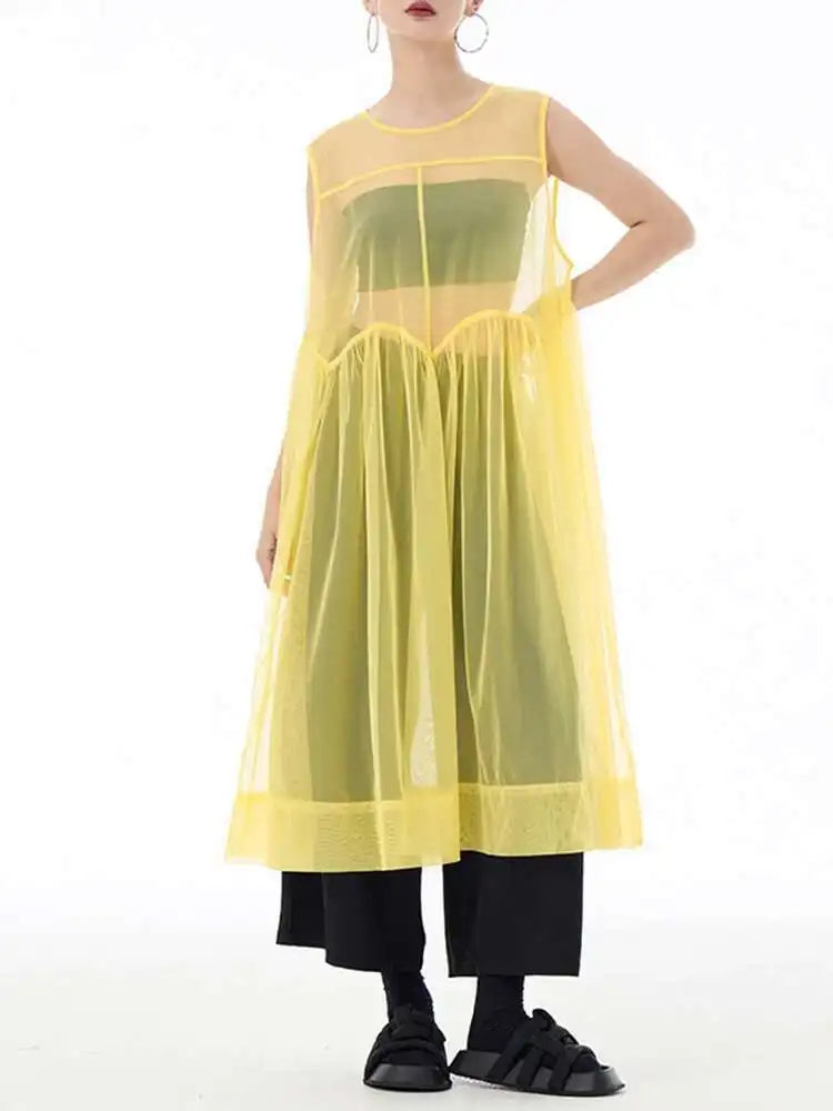 Women Black Big Hem Mesh Big Size Elegant Perspective Dress New Round Neck Sleeveless Fashion Spring Summer 2025 1DH6298