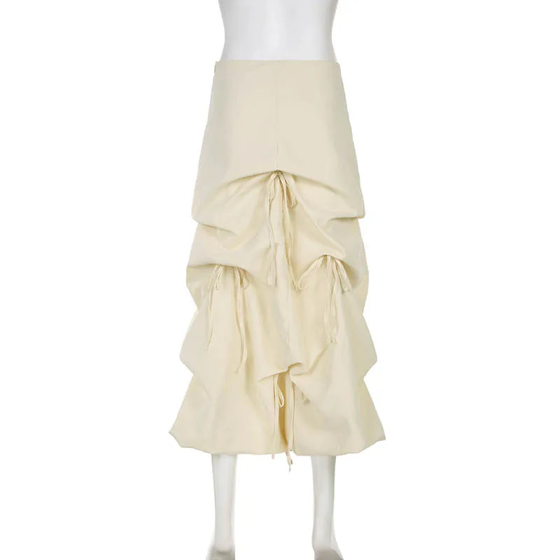 Asymmetrical Drawstring Bow Loose Long Skirt Streetwear Cargo Draped Solid Women Skirts Gorpcore Shirring Outfits