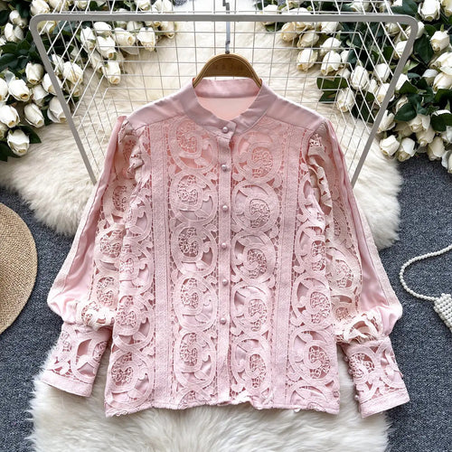 Load image into Gallery viewer, French Women Solid Lace Single Breasted Shirt 2024 Spring Autumn Vintage Ladies Long Sleeve Festival Blouses Fashion Tops Simple
