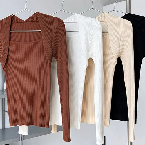 Load image into Gallery viewer, Solid Patchwork Folds Knitted Sweater For Women Square Collar Long Sleeve Slim Minimalist Sweater Female Fashion
