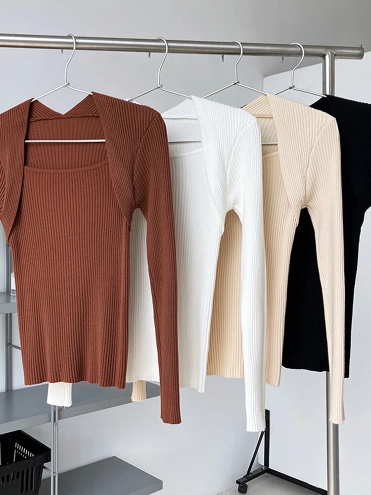 Solid Patchwork Folds Knitted Sweater For Women Square Collar Long Sleeve Slim Minimalist Sweater Female Fashion