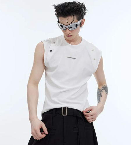 Metal Button Male T-shirt Niche Design Round Collar Solid Color Men's Sleeveless Top Personality Spring Stylish 9C4713