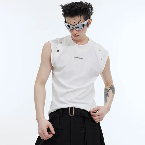 Load image into Gallery viewer, Metal Button Male T-shirt Niche Design Round Collar Solid Color Men&#39;s Sleeveless Top Personality Spring Stylish 9C4713
