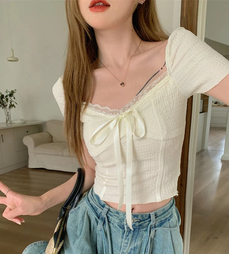 y2k Fairycore Tops for Women Clothing Lace Trim Bowknot Front Square Neck Short Sleeve Tshirts 2000s Clothes Streetwear