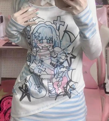 Japanese Harajuku Cartoon Print Tshirts Women Fashion Kawaii Y2k Aesthetic Patchwork Stripe Tees New Sweet Slim Fit T-Shirt Tops