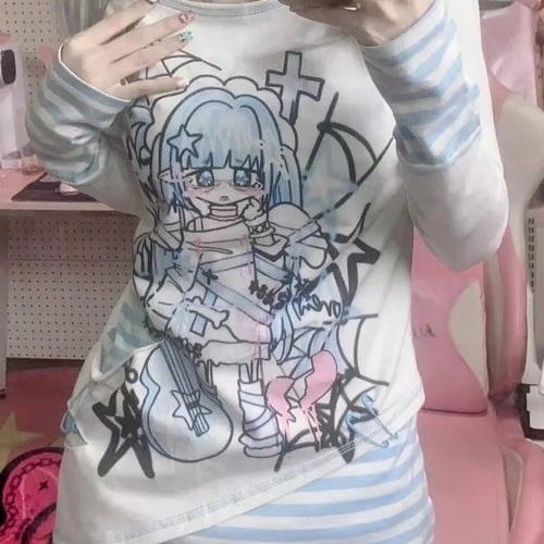 Load image into Gallery viewer, Japanese Harajuku Cartoon Print Tshirts Women Fashion Kawaii Y2k Aesthetic Patchwork Stripe Tees New Sweet Slim Fit T-Shirt Tops
