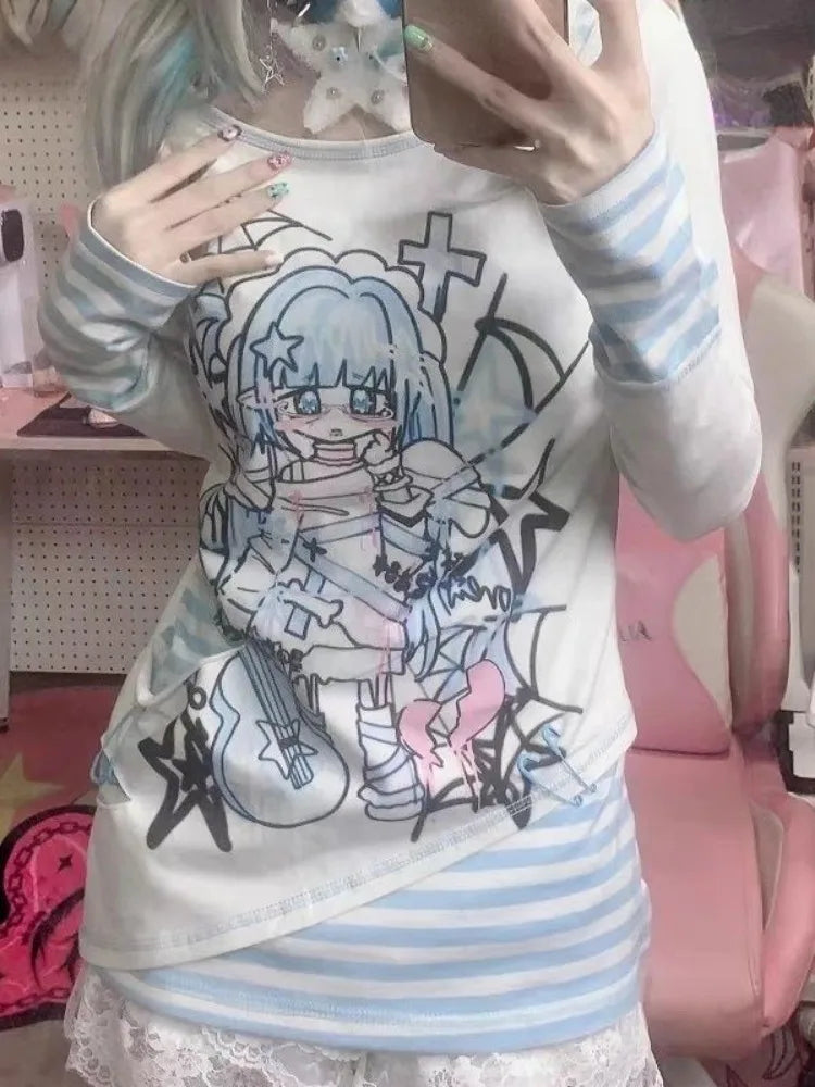 Japanese Harajuku Cartoon Print Tshirts Women Fashion Kawaii Y2k Aesthetic Patchwork Stripe Tees New Sweet Slim Fit T-Shirt Tops
