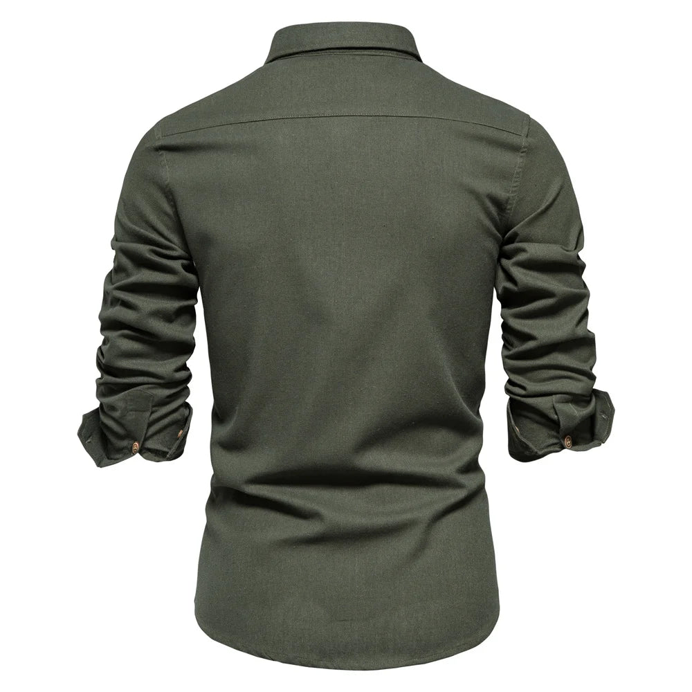 100% Cotton Social Men's Shirts Single Pocket Solid Color Long Sleeve Shirts for Men Turn-down Collar Blouse Spring Men
