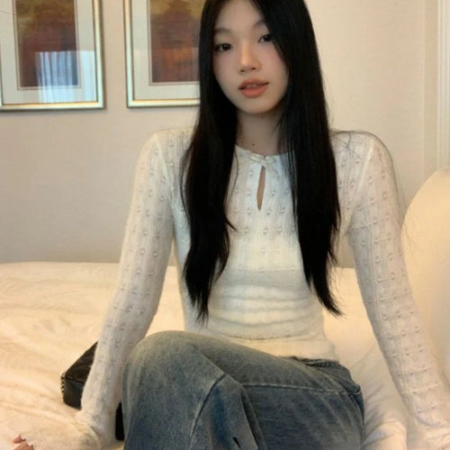 Load image into Gallery viewer, Y2k Aesthetic Hollow Out Bow T-shirts Fairy Grunge Embroidery Knitted Slim Fit Streetwear Crop Tops Women Harajuku Ruffled Tee
